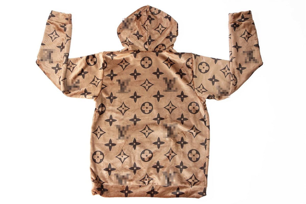 Cozy Brown faux fur Hoodie with black monogram print logofabrics