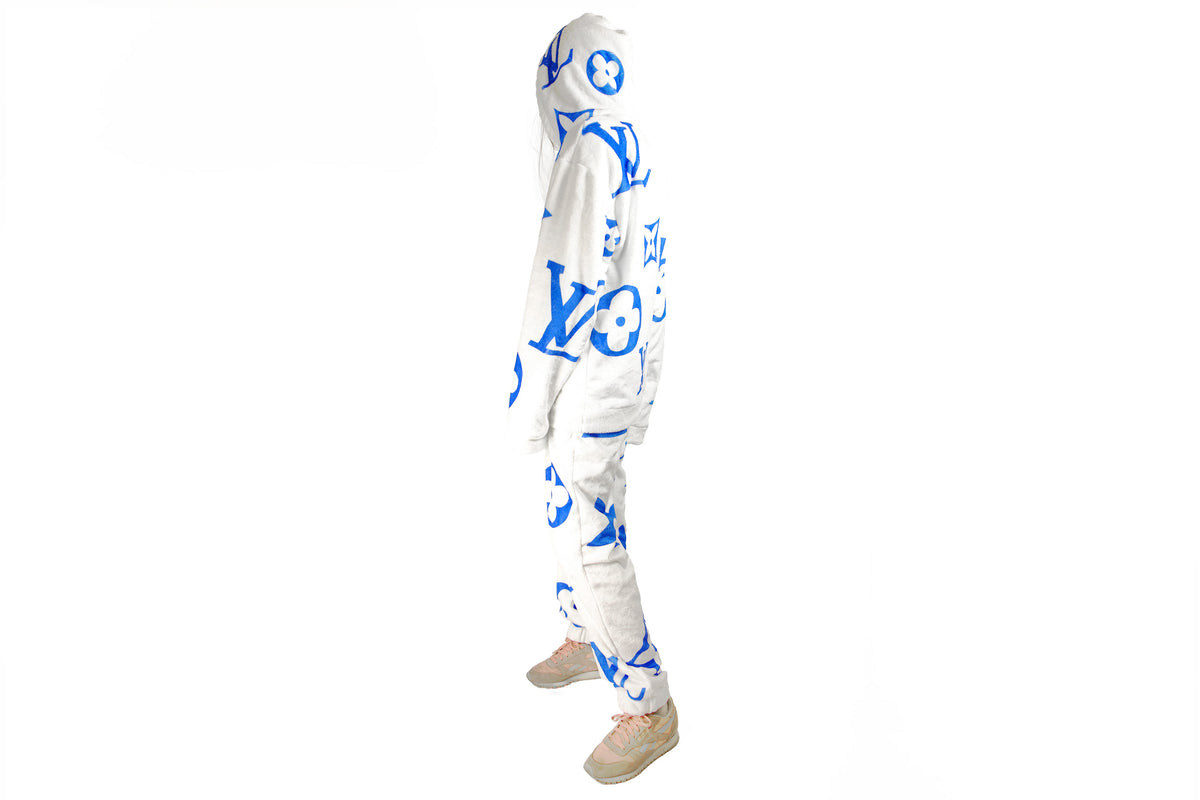 Cozy white faux fur Suit with LV Inspired blue Monograms, Hoodie and P –  logofabrics