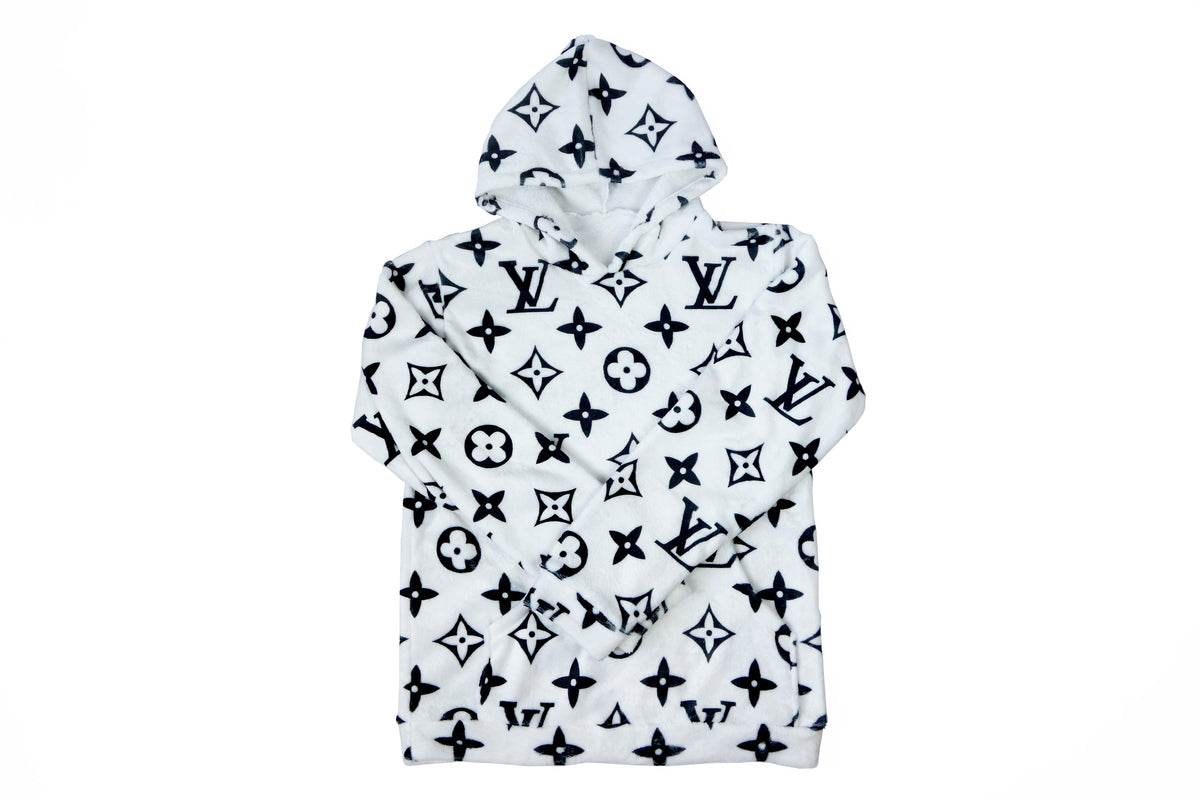 Cozy milky white faux fur Suit with LV Inspired black Monograms, Hoodi –  logofabrics