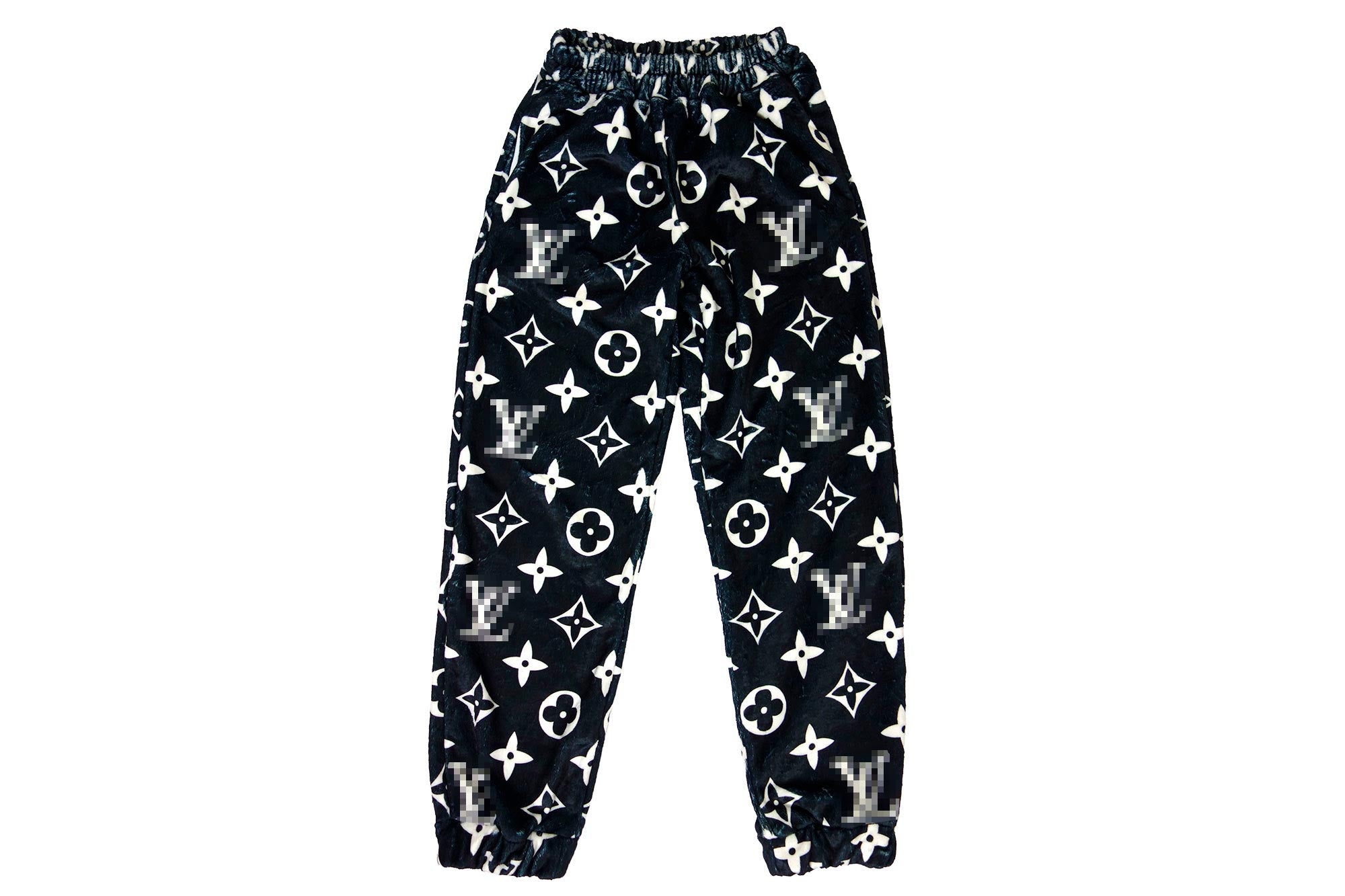 Cozy black faux fur Pants with a white monogram print – logofabrics