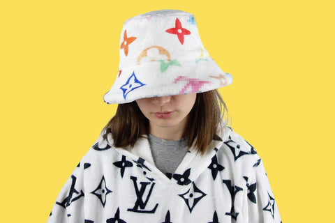 White Bucket Hat with multicolor Monogram print