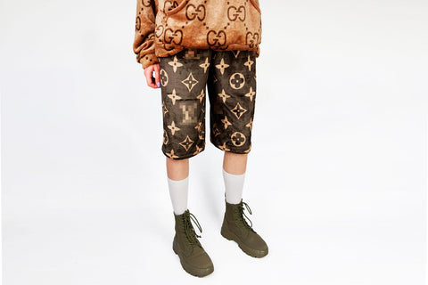 Cozy Dark Brown faux fur shorts with a monogram print