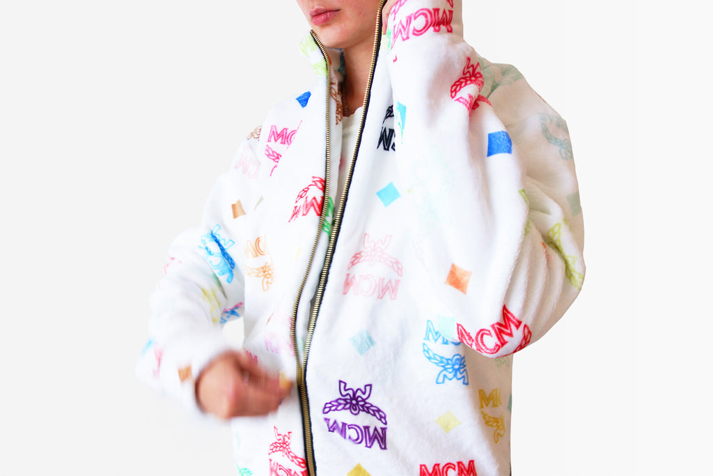 Cozy white faux fur Suit with LV Inspired multi-color Monograms, Hoodi –  logofabrics