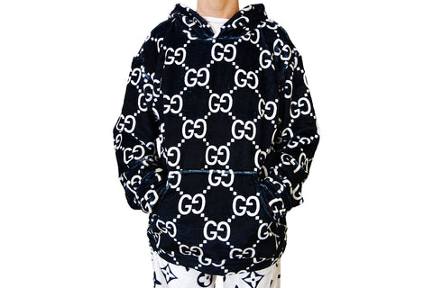 Cozy Black faux fur Hoodie with white GG Monograms print