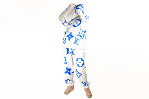 Cozy white faux fur Suit with LV Inspired blue Monograms, Hoodie and Pants