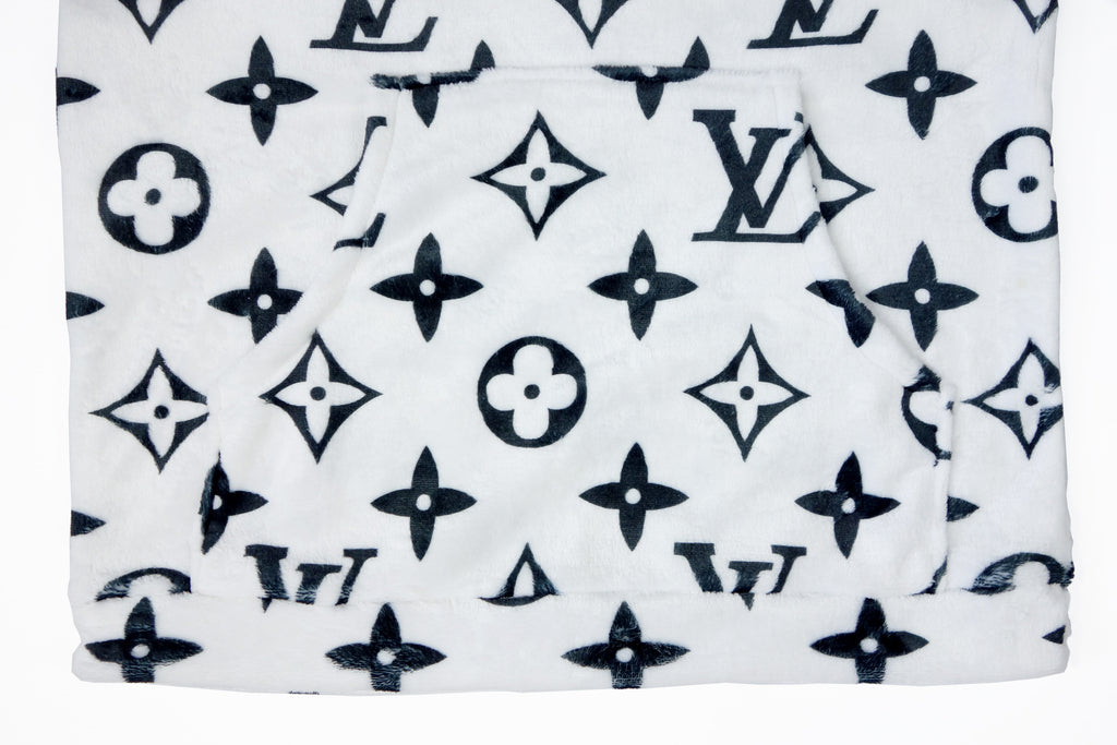 Cozy white faux fur shorts with black LV inspired Monograms print –  logofabrics