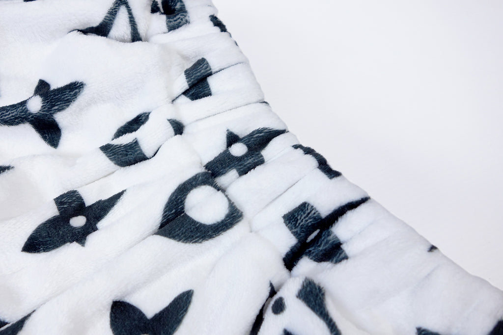 Cozy white faux fur Pants with LV inspired black Monograms print