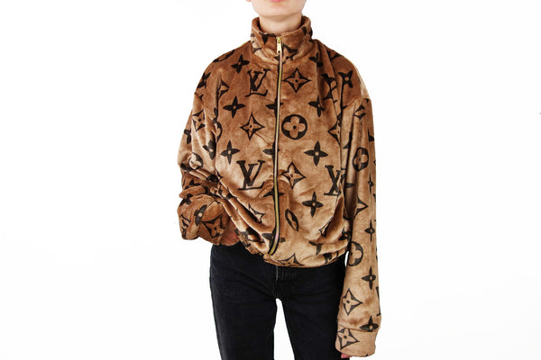 Cozy Brown faux fur Hoodie with LV inspired Black Monograms print –  logofabrics